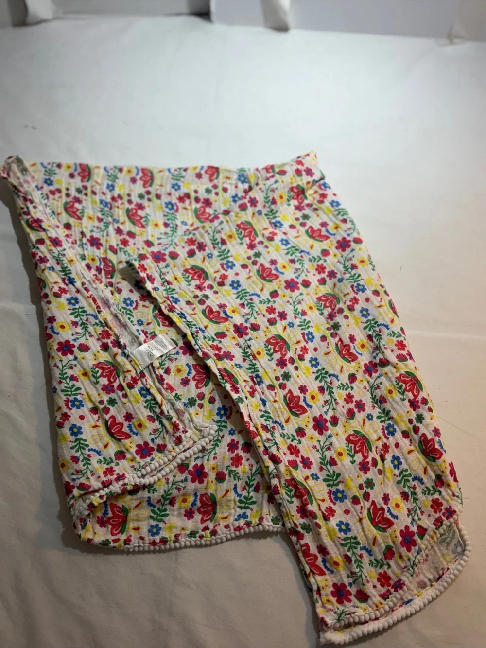 Chick pea Floral Cotton Gauze swaddle blanket with Pom Trim - Multi